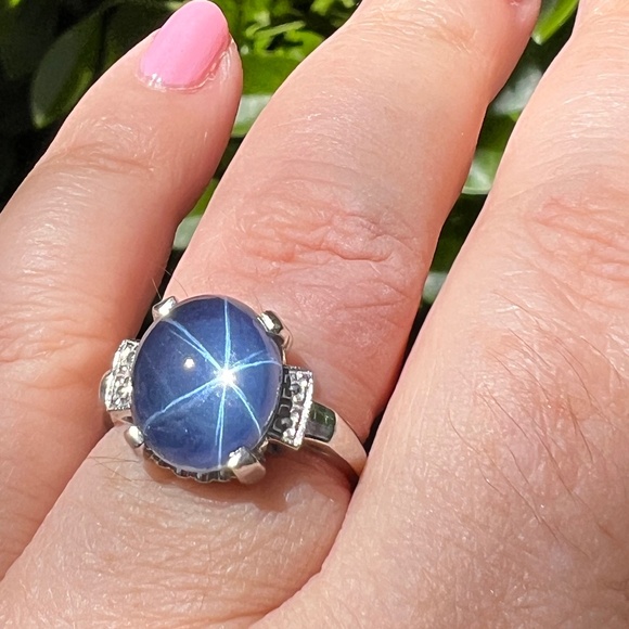 VINTAGE 10K WHITE GOLD SYNTHETIC STAR BLUE SAPPHIRE CATSEYE SPINEL CABOCHON RING - Picture 12 of 16